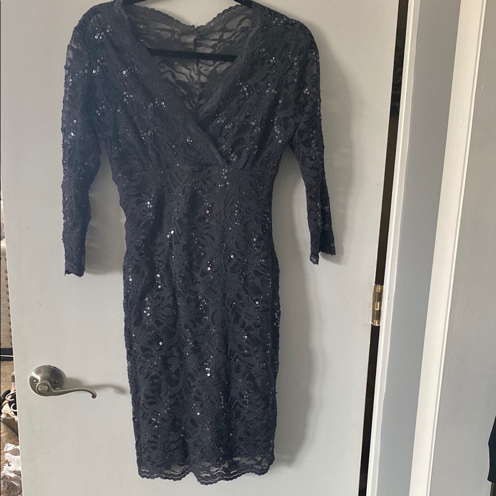 Blu Sage Gray Sheath Dress V-Neck Cuffed Sleeves